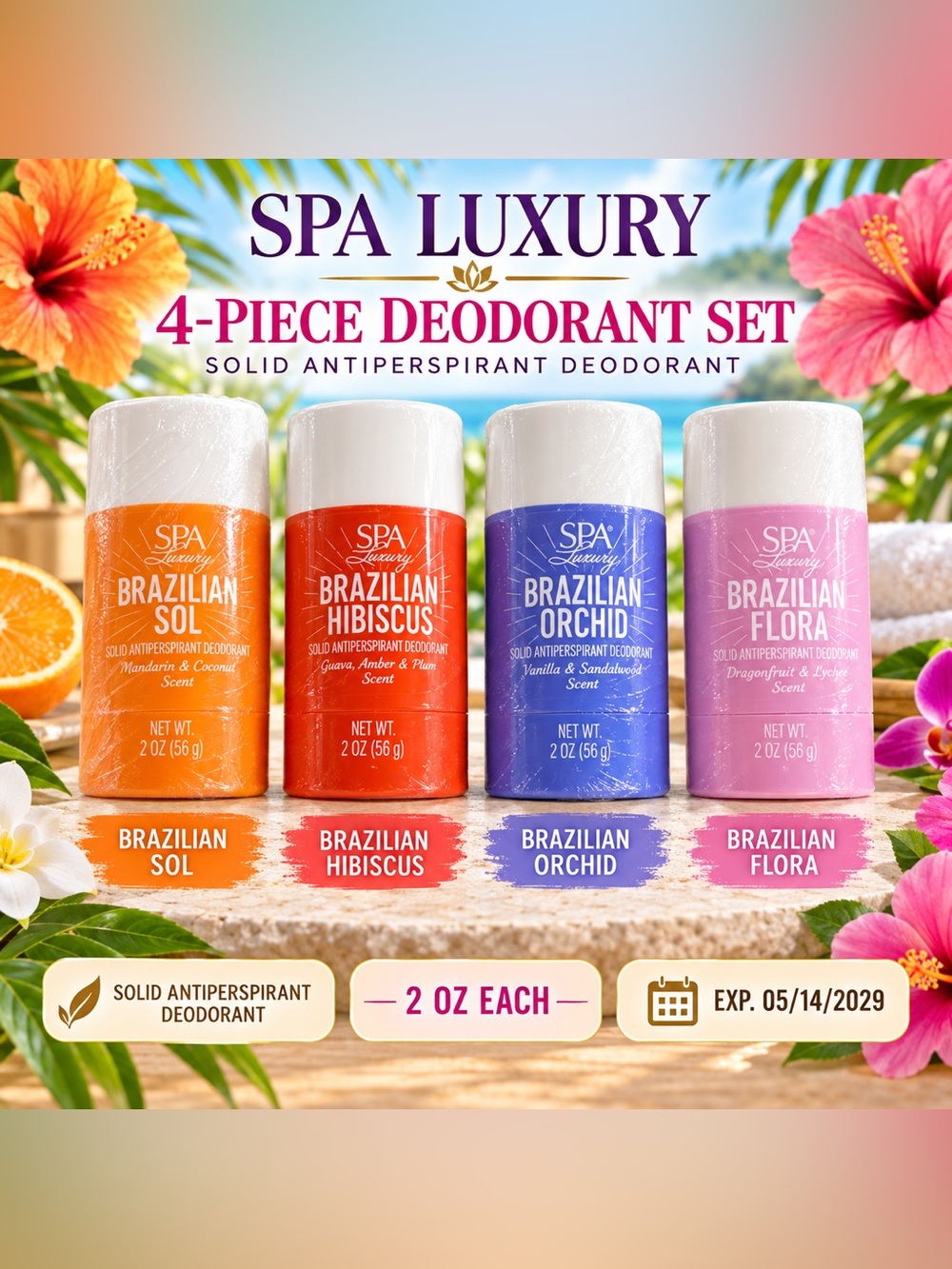 Spa Luxury Brazilian Solid Antiperspirant Deodorant Set – 4 Scents